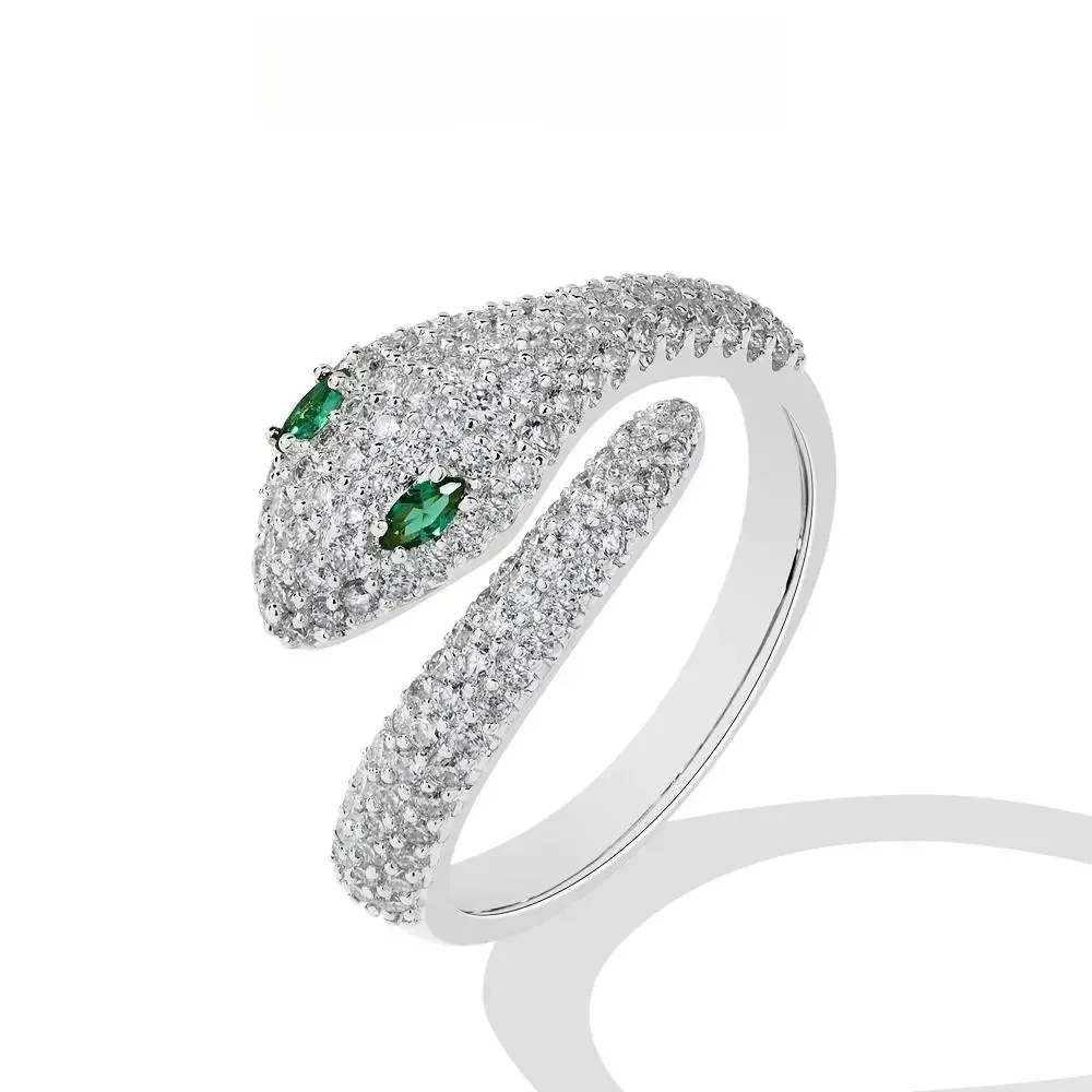 Luxury Moissanite Snake Ring with Emerald Green Cushion Cut Stone, Elegant S925 Sterling Silver Animal Totem Statement Band, Unisex Everyday Fine Jewelry