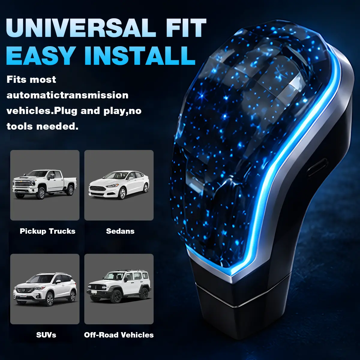 Universal LED Crystal Gear Shift Knob - 7-Color RGB Touch-Activated Light-Up Shifter, Rechargeable Diamond-Cut Gear Lever, Car Interior Accessory & Automotive Decor