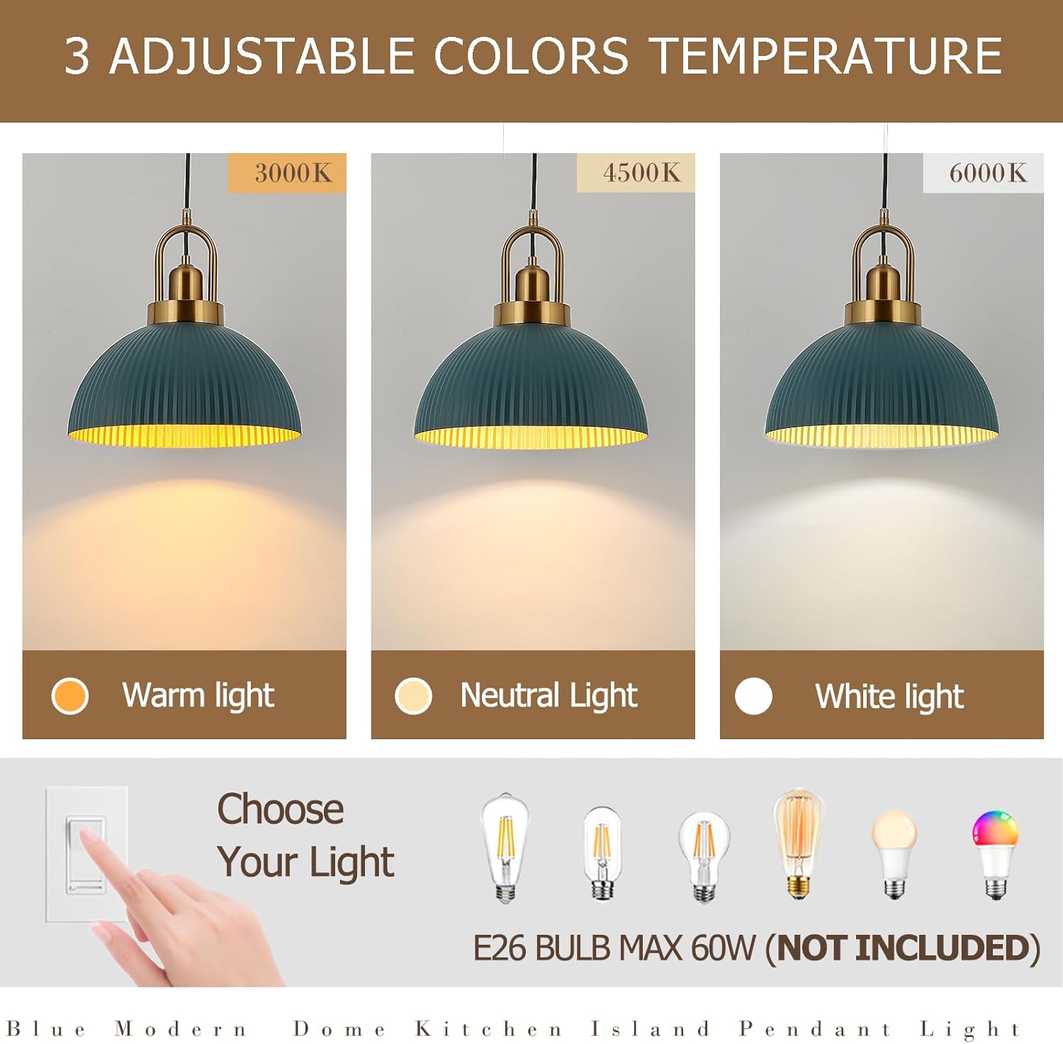 Pendant Lights Kitchen Island, Black Metal Farmhouse Pendant Light Fixtures, 11.8" Industrial Modern Hanging Pendant Lights for Kitchen Island Dining Room Bedroom Cafe Bar (Blue, 1 Pack)