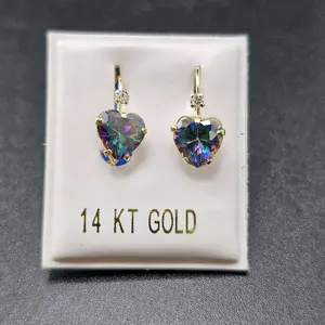 Gold 14K Earrings for Everyday Wear Featuring Mystic Heart-Shaped Stones
