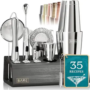 BARE BARREL Mixology Bartender Kit Bar Set | 14-Piece Cocktail Shaker Set | Pro Barware Mixing Tools for Home Bartending | Incl. 35 Recipe Cards | Gift Set (28oz Boston, Silver Black)