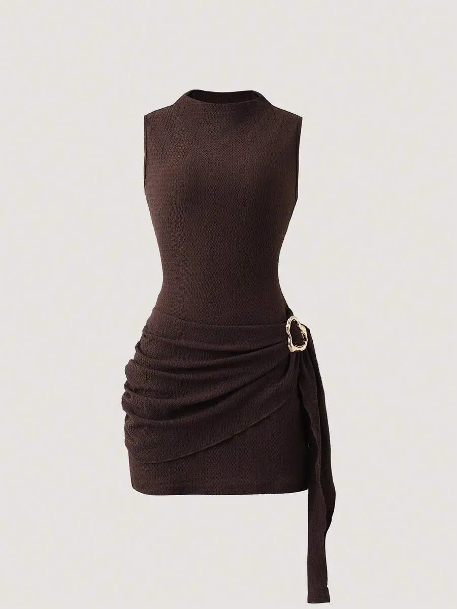 LUNA LAYER Womens Summer Dark Brown Bodycon Dress High Neck Asymmetric Metal Buckle Mini Dress