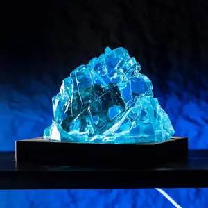 Ancient Mammoth Resin Figurine Diorama, Handmade Epoxy Ice Scene with Wooden Base, Unique Desk Decor Ornament, Arctic Inspired Gift for Home Office