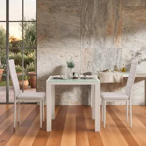 3 Piece Modern Dining Table Set for 2 People, Tempered Glass Top Metal Frame Square Dinner Table with Ergonomic PU Leather Upholstered Chairs, Space Saving Compact Furniture for Home Kitchen Living Room Small Apartment Use