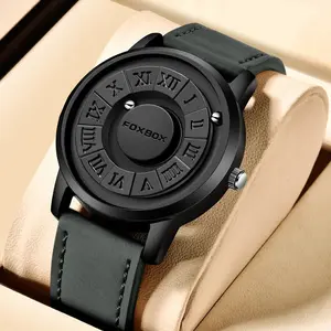 FOXBOX Men's Magnetic Force Quartz Watch with Unique Scrolling Pointer Design and Genuine Leather Strap