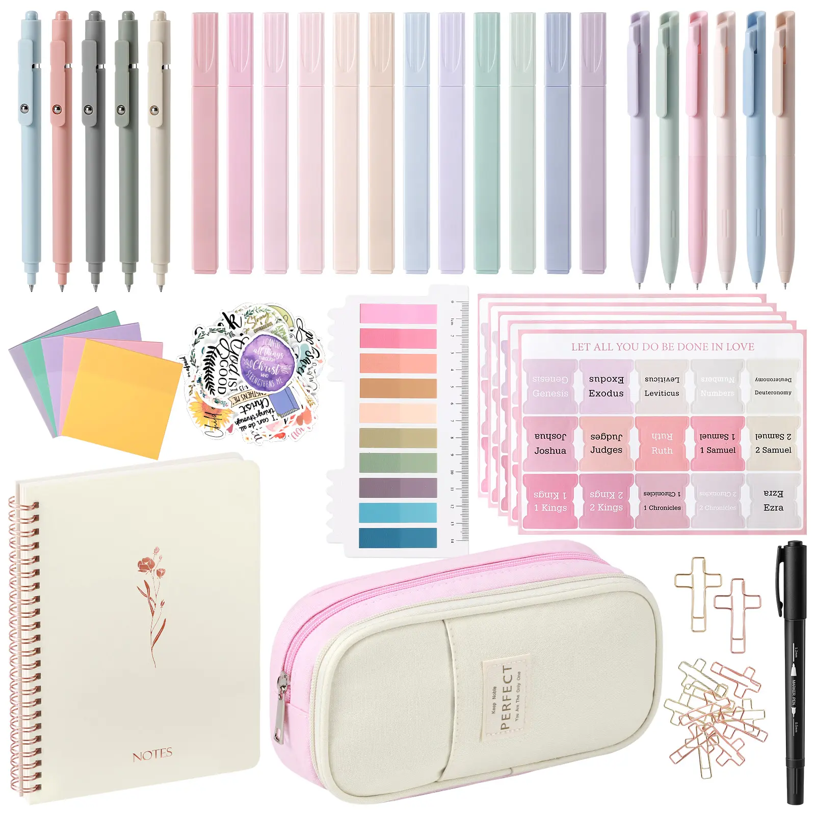 Bible Journaling Stationery Kit for Women, Complete Pastel No Bleed Highlighter & Pen Set, Bible Tabs, Notebook, Pencil Pouch, Cross Paperclips, Christian Bible Study Gift for Beginners, Teens & College Students