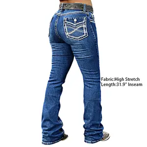 Flamingals Embroidery Mid Waist Bootcut Jeans Womenswear Stretch Denim