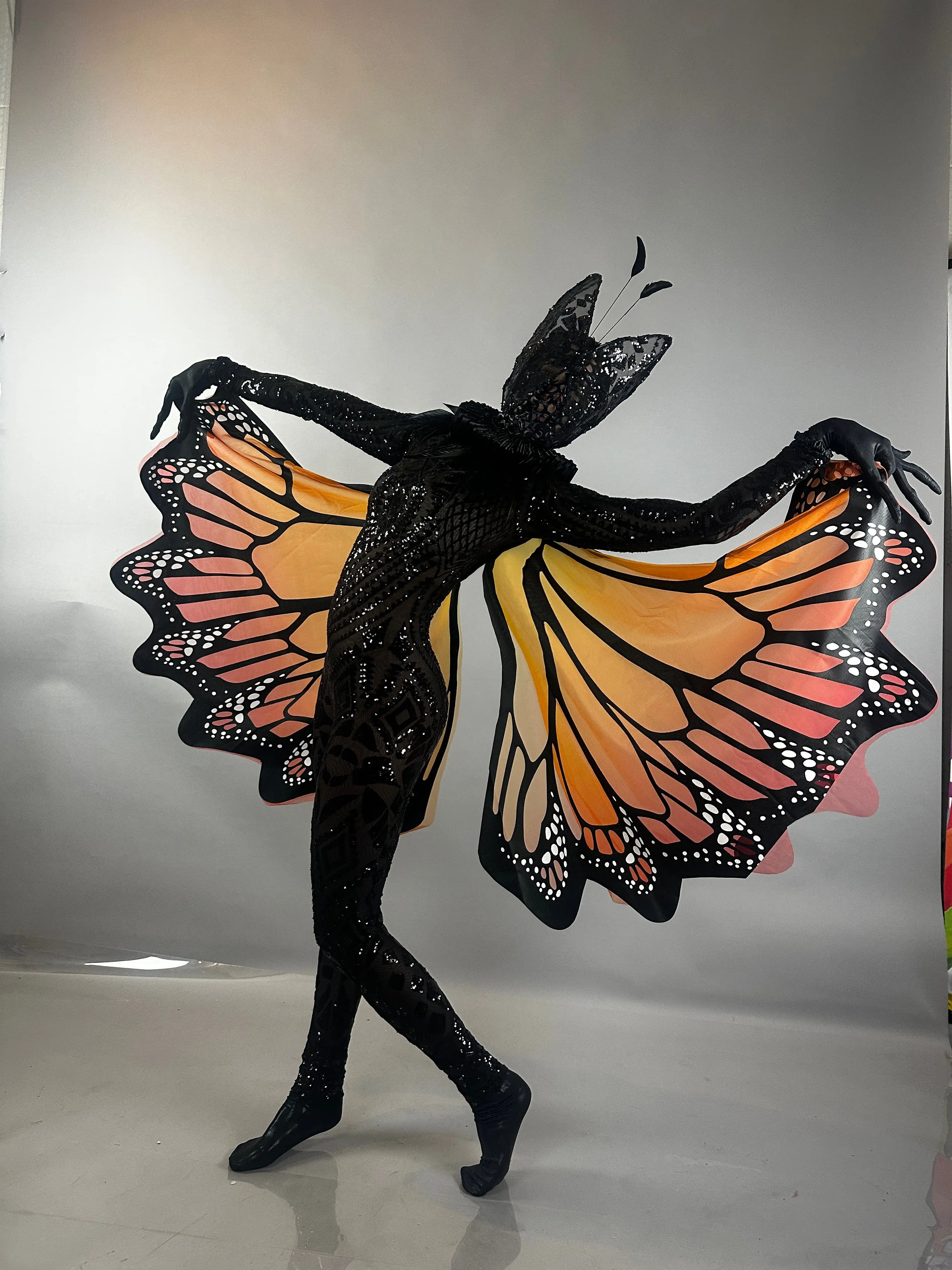 Black Sequin Monarch Butterfly Costume, Theatrical Winged Spandex Performance Catsuit