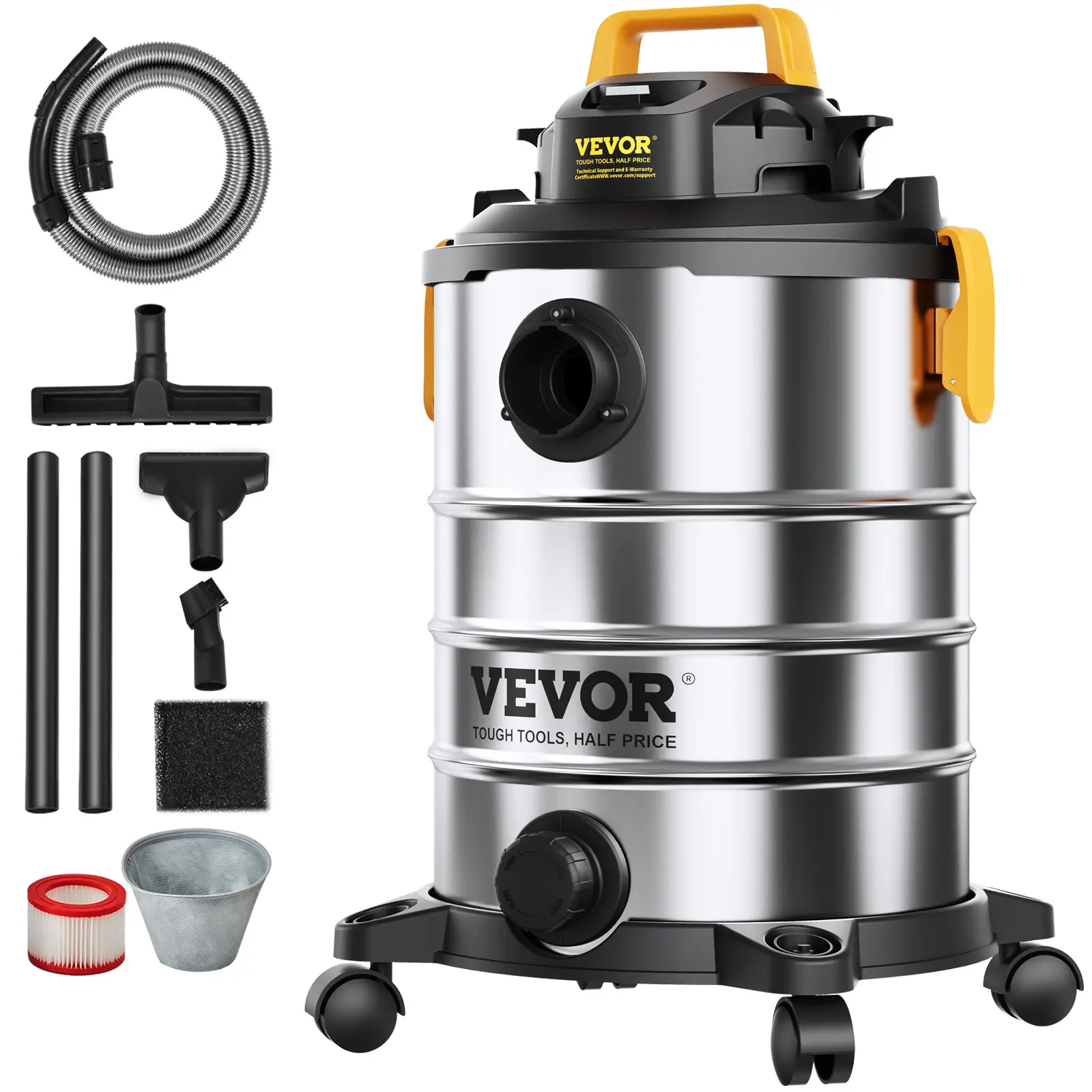 VEVOR Stainless Steel Wet Dry Shop Vacuum, 8 Gallon 6 Peak HP Wet/Dry Vac, Powerful Suction with Blower Function w/ Attachment 2-in-1 Crevice Nozzle,