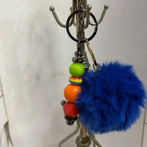 Colorful Bead Keychain with Blue Pom-Pom Accessory for Keys and Bags