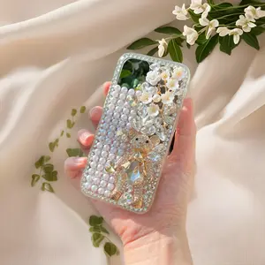 Sparkling White Pearl Bear Phone Case with Full Rhinestone Design and Detachable Chain – Compatible with Latest 15, 14, 13, 12, 11 Pro Max and Plus Smartphone Models – Stylish Protective Cover