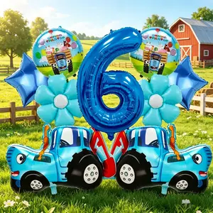 11-Piece Farm Tractor Blue Number Balloon Set, Large Blue Tractor, Stars/camomiles, Baby Shower, Birthday Party, Outdoor Farm Theme Decor
