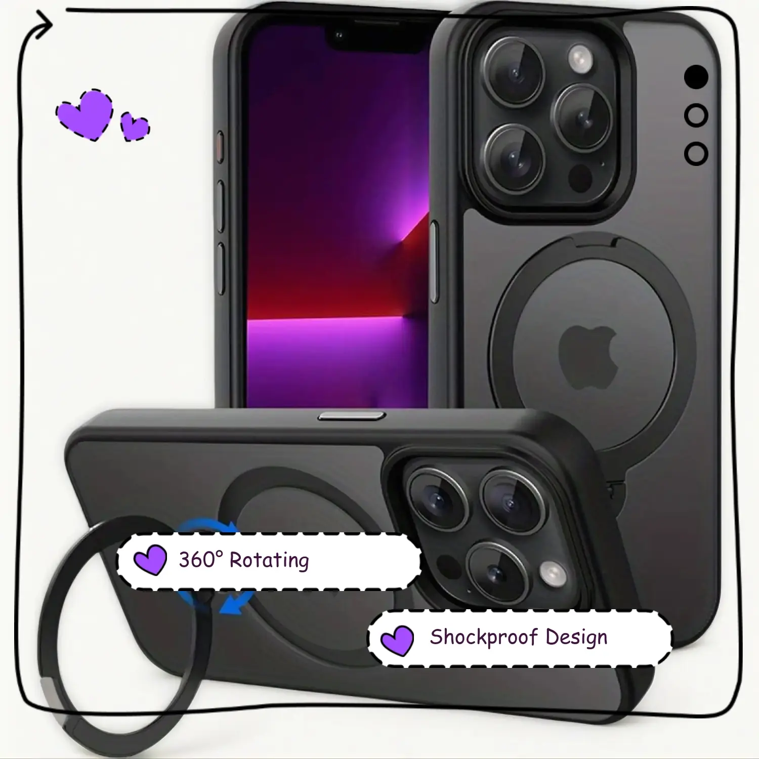 Slim Hard Clear Smartphone Casing, 360-Degree Rotating Ring Stand Cellphone Case Compatible with iPhone 17/16/15/14/13/12 Plus Pro Max, MagSafe Car Mount & Wireless Compatible, Shockproof Creative Phone Accessories for Desktop Meetings/Video Calls Protect