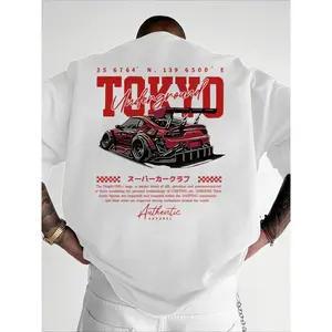 Men's Regular Fit Car & Letter Print Round Neck Tee, Street Fashion Casual Short Sleeve T-shirt for Daily Wear, Men's Top for All Seasons, Tropical, Streetwear.