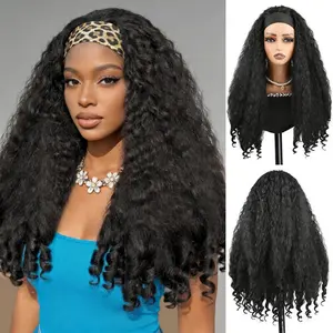 Natural Black Headband Wig 24 Inch Afro Curly Wigs for Black Women Braided Hair Texture with Unique Bouncy Curls Glueless Half Wig with Elastic Ice Silk Headband