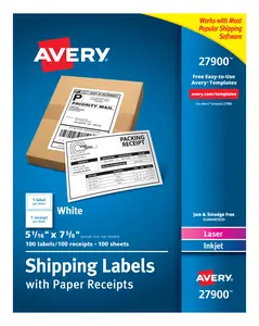 Avery Printable Shipping Labels with Paper Receipts, 5-1/16" x 7-5/8", White, 100 Blank Mailing Labels (27900)