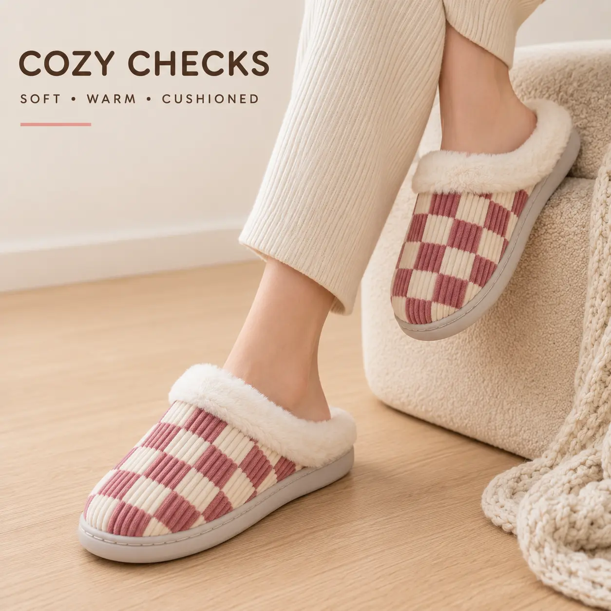 2026 Plaid House Slippers for Women & Men, Warm Faux Fur Lined Memory Foam Slip-On Shoes, Casual Indoor Outdoor Home Footwear for Winter
