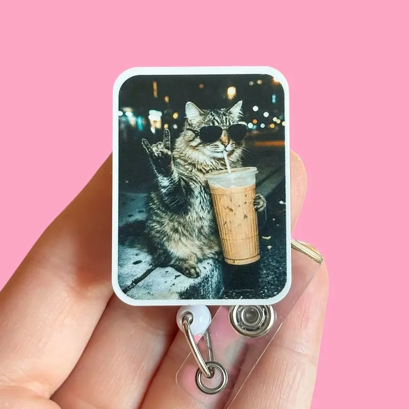 Glitter My Badge Small funny raccoon ice coffee badge reel for nurse and hospital workers. Badge clip Badge pull - Retractable swivel clip with a 360 rotation. Great gift for coworkers. Funny badge reel