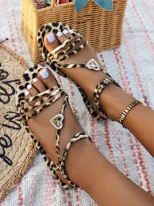 Leopard Print Heart Rhinestone Flat Roman Sandals, Sweet Cool and Unique, Perfect for Daily, Dates, Beach Casual