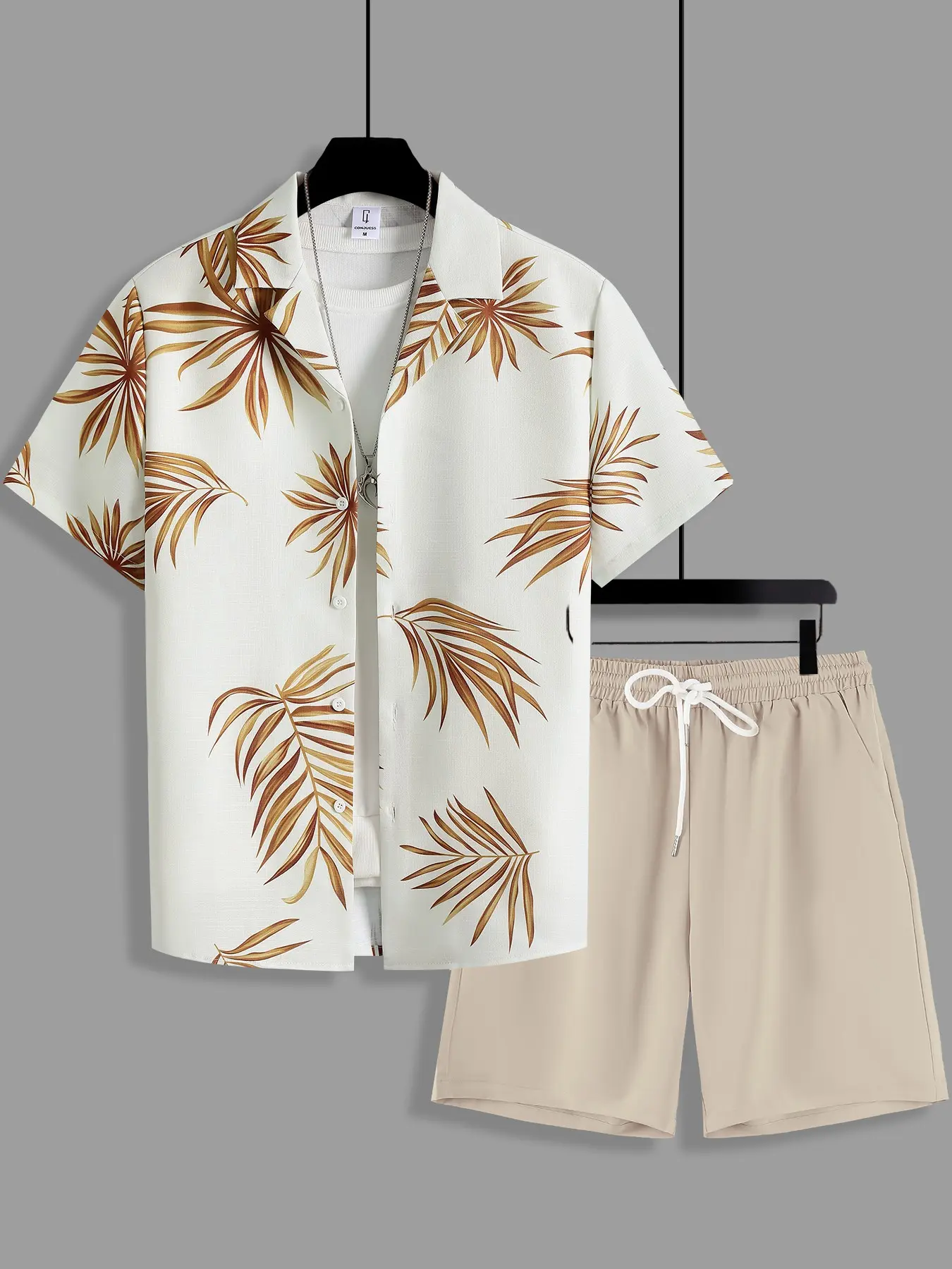 Men's Tropical Palm Leaf Print 2-Piece Outfit, Resort Wear Set, Shorts Sets Outfits, Camp Collar Short Sleeve Shirt & Beige Drawstring Shorts, Lightweight Breathable Fabric, Relaxed Fit, for Summer Vacation, Beach, Daily Casual, Menswear