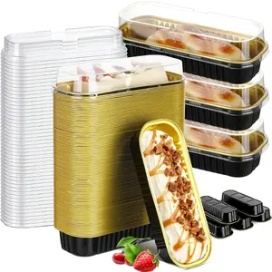 100 Disposable Aluminum Foil Cake Containers with 50 Cups and Lids, 6.8 Oz Mini Bread Dishes for Oven Air Fryer Fridge, Design