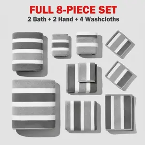 Premium Striped Microfiber Towel Collection, 8-Piece Complete Set, Fast Drying Absorbent Towels for Daily Use & Gifting