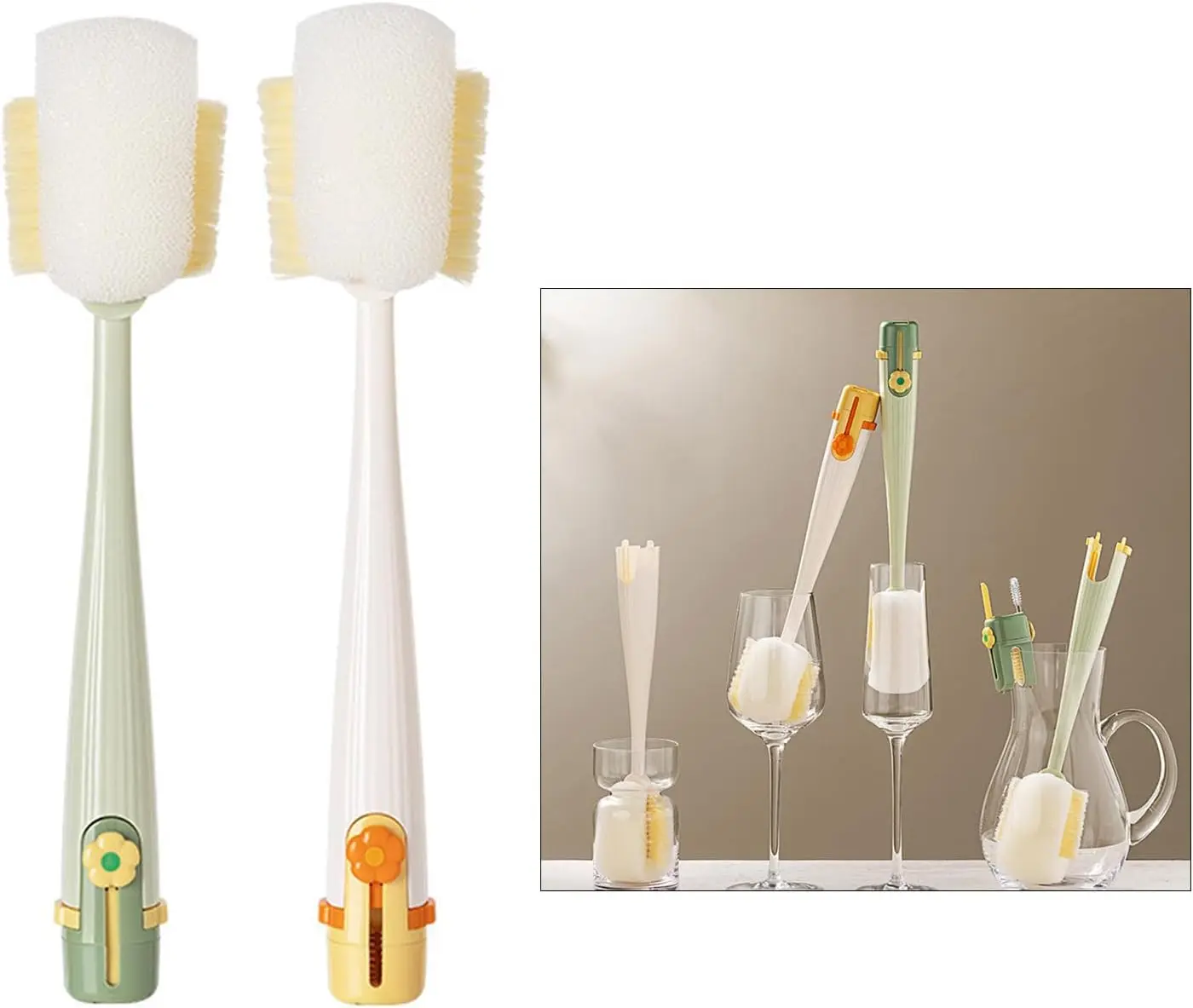 5-in-1 Multifunctional Bottle Scrubber Set – Straw Brush Included, Cleans Bottles, Cups, Straws & More (Cream White/Jasmine Green)