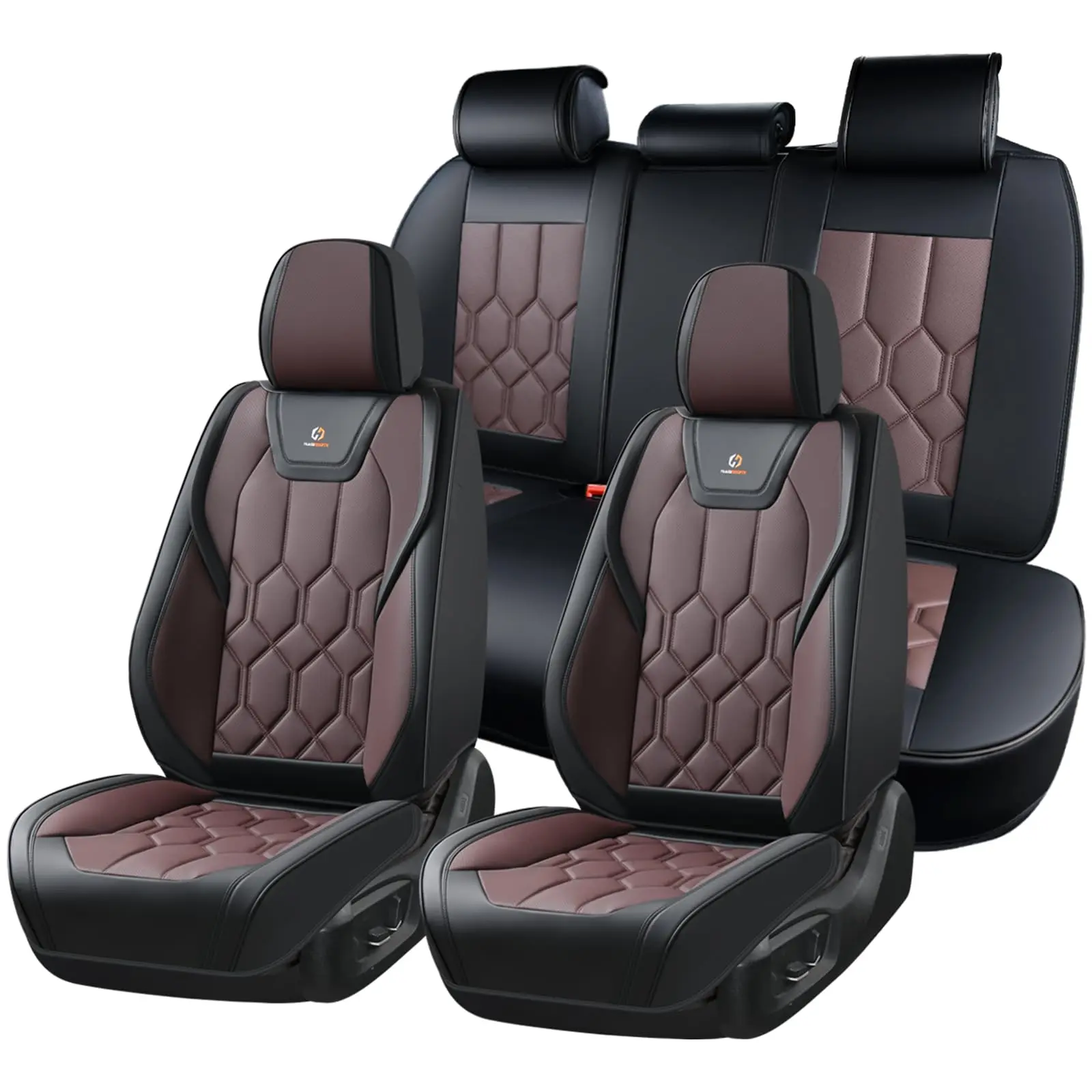 Huidasource Seat Covers Full Set, Universal Fit for Most Cars SUVs Trucks, Full Coverage Leather Seat Cover, Airbag, Cupholder Compatible, Seat Function Retain, Easy Install with Velcro, Black&Coffee-838