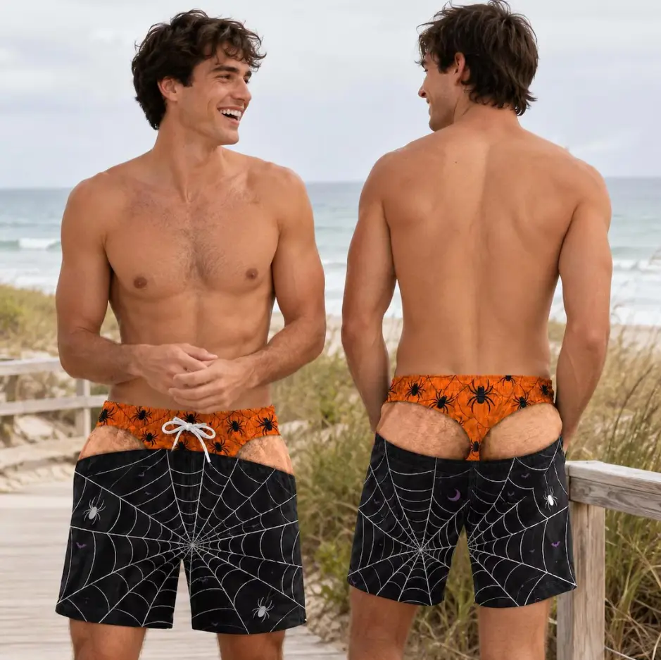 Custom Funny Men Swim Trunks, Halloween Spider Web Board Shorts, Cheeky Cutout Swimsuit, Spooky Beachwear, Gift for him