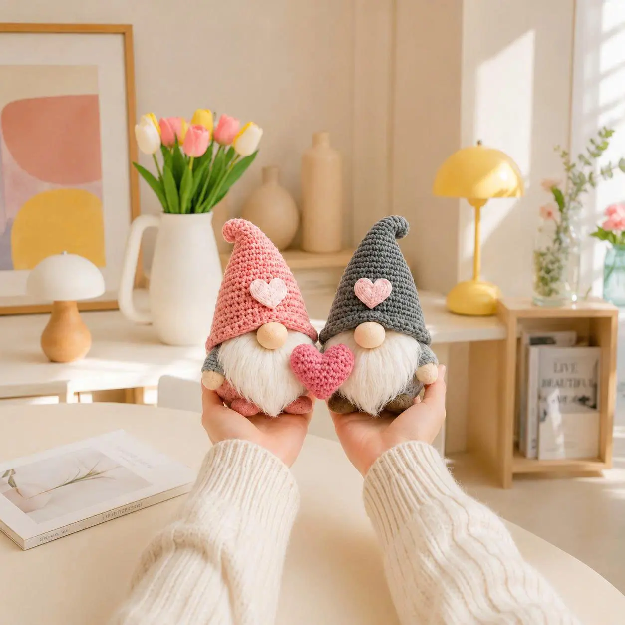 Handmade Crochet Couple Gnomes with Heart, Cute Romantic Home Decor, Desk & Shelf Decoration, Gift for Couples