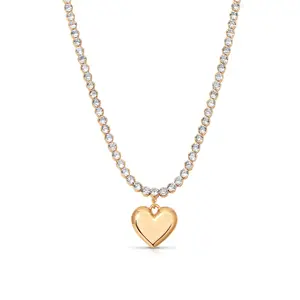 Ettika Luminous Love Tennis Necklace 18k Gold Plated with Cubic Zirconia Heart Pendant 12" Chain & 5" Extender for Adults