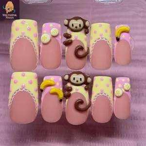 Kawaii Monkey Press On Nails, Nude Matte Base with Yellow Pink Polka Dot French, 3D Banana and Cute Cartoon Charm for Playful Party Look