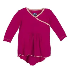 Solid Bamboo Long Sleeve Kimono HiLo Tee, Rhododendron with Blush