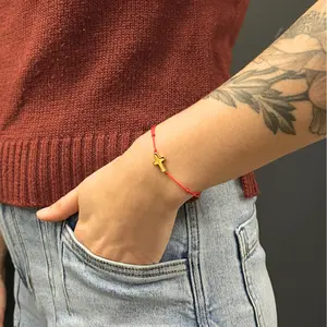 Red String Bracelet for Protection Adjustable Rope Cross Bracelet for Women Men Fashion Jesus Bracelets Christian Baptism Gift Gold Plated Stainless Steel 12mm Cross Charm