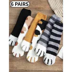 Women's Warm Fuzzy Socks, Plush Fall Winter Slippers, Cute Cat Paw Pattern, Perfect Gift for Cat Lovers, Cozy Home Socks for Sleeping and Casual WearGift