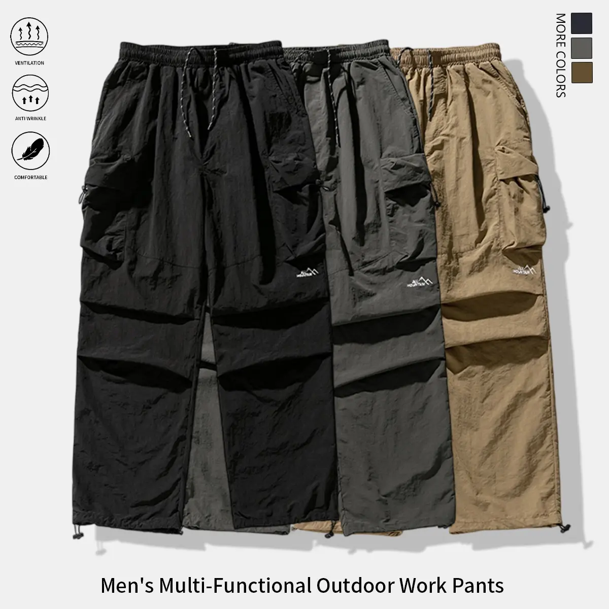 3-pack men’s multi-pocket loose cargo pants, breathable quick-dry outdoor workwear for hiking and camping, wide-leg design suitable for mountaineering, fishing, and everyday streetwear; men’s clothing, men’s hiking pants fit sport pant