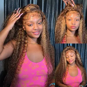 Highlight Ombre HD Transparent 13x6 Lace Front Wigs Human Hair 180% Density Honey Blonde 4/27 Deep Wave Lace Front Wigs for Black Women Frontal Curly Wigs Pre Plucked with Baby Hair 32 Inch summerwins Glueless Wigs
