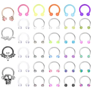 FINREZIO 34 Pcs Colorful Acrylic Surgical Steel Nose Rings for Women Men Cartilage Helix Daith Tragus Earring Hoops Simple Horseshoe Nose Septum Rings Bat Septum Piercings Lip Eyebrow Rings Horseshoe Piercing Retainer