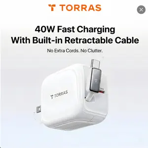 TORRAS FlexLine 40W Fast Charging USB-C Wall Charger, Dual-Port, Retractable Built-In 28" Cable, Compact 180° Foldable Plug, Advanced GaN Power Adapter, for iPhone 17/16/15 Series, MacBook, Airpods, and More, Perfect for Travel