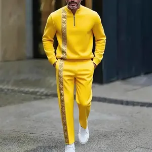 Men Printed 2 Piece Polo Set, Half Zip Placket Long Sleeve Polo Shirt + Elastic Waist Casual Pants, Loose Fit, Streetwear, Athletic, Daily Wear, Holiday Vacation, Jogging Tracksuit