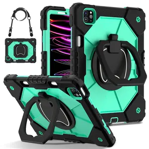 Military-Grade Shockproof Tablet Case, Tablet Protective Cover for iPad Pro (M5) 11 inch 2025, Compatible with iPad 11th/10th, iPad Air - Rotating Stand with Pencil Holder & Shoulder Strap - Drop-Proof Cover for Kids/Adults - Black+Mint Green