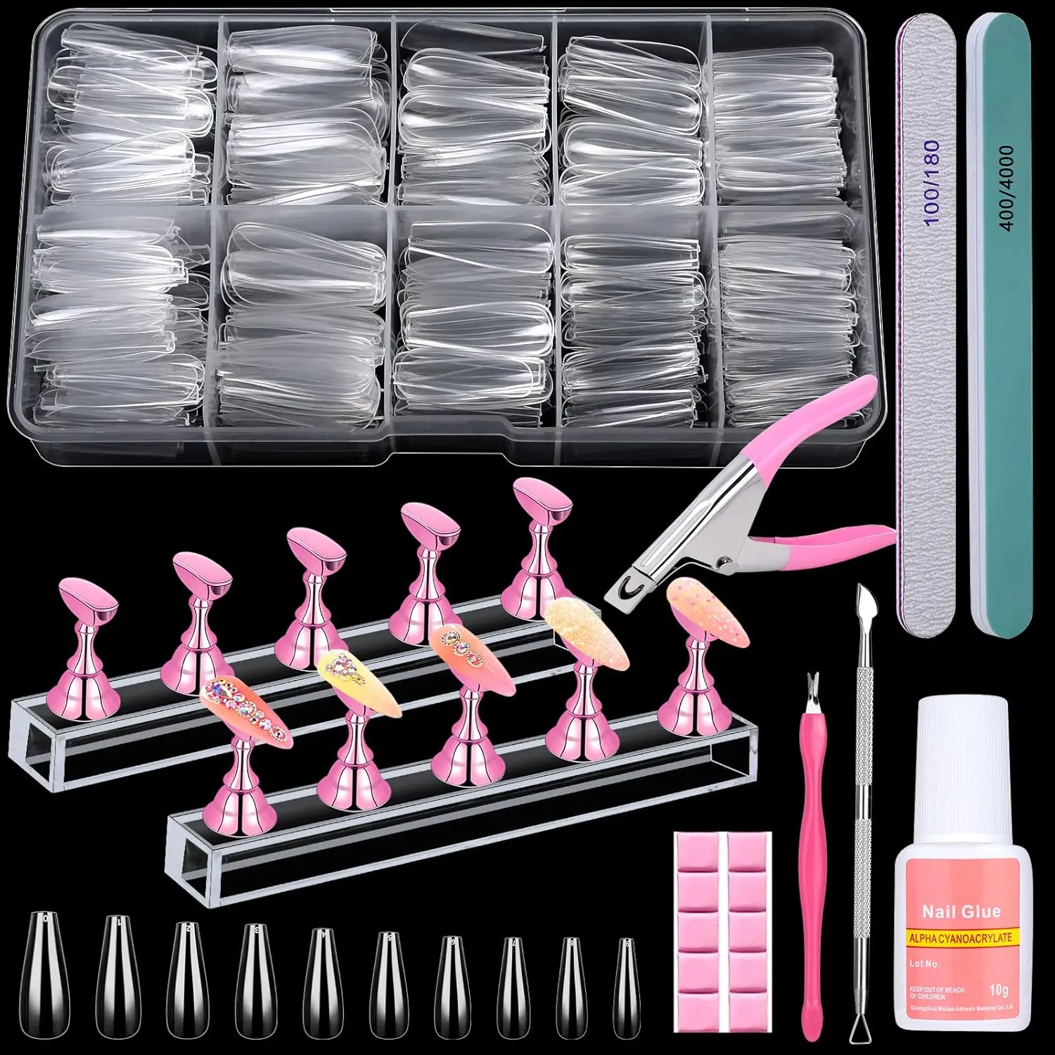 600PCS Clear Coffin Nail Tips Set, Full Cover Acrylic Nail Tips with Nail Glue, Nail Display Stand, Cuticle Pusher, Nail Tip Remover, Nail Files & Buffer for DIY Manicure
