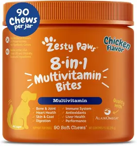 Zesty Paws 8-in-1 Multivitamin Bites for Dogs - Chicken Flavor, 90ct Chewable Vitamins & Supplements for Hip & Joints, Skin & Coat, Omega 3 Fish Oil