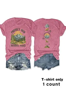 Women's Animal Print National Park Top, Short Sleeve Round Neck Casual Shirt, Medium Stretch All-Season Comfort, Clothes