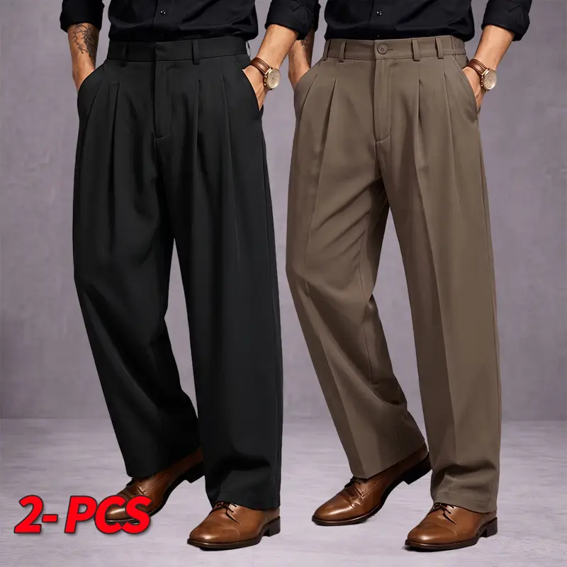 Men’s two-pack straight-leg casual trousers with double pleats, wrinkle-resistant and non-iron, with a fluid drape—casual suit trousers suitable for everyday wear and light business occasions.