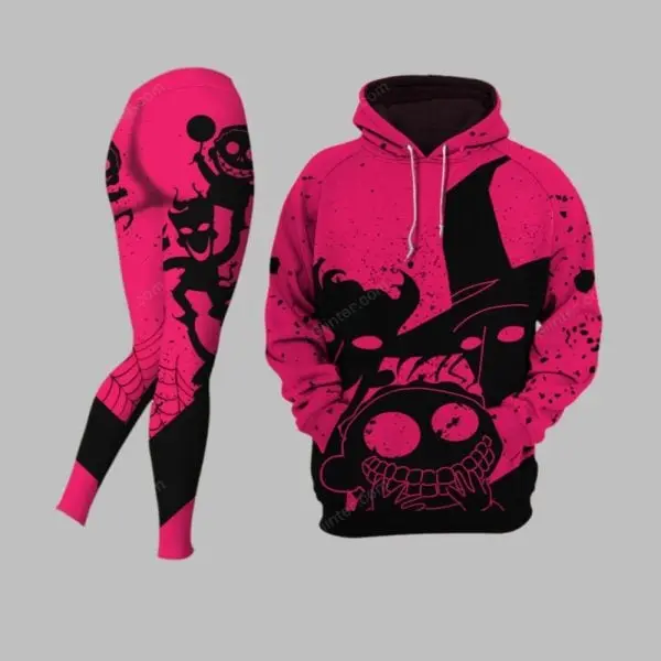 Halloween Matching Hoodie and Leggings Set for Women – Pink Gothic Skull Monster Design, Hooded Sweatshirt & High Waist Leggings, 3D All Over Print
