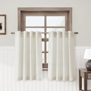 Linen Cafe Curtains 30 Inch Length Light Filtering Semi Sheer Mini Curtains for Small Window Basement Bathroom Natural Back Tab Rod Pocket Pleated Short Sheer Kitchen Curtain 30x30 Cream