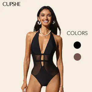 CUPSHE TikTokShopSpringGlowUp 2026 Hourglass Sculpting Mesh One-Piece Swimsuit | Deep V Neck Tummy Control Monokini  swimwear | Chic Halter Back Sheer Bathing Suit for Pool Party Glam SpringStatements