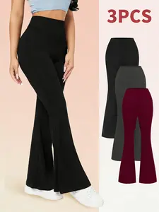 Women's 3-Pack Thermal Fleece-Lined High-Waisted Flared Yoga Pants - Bell Bottoms, Dual-Side Pockets, Machine Washable Pants for Winter Running, Pilates - Solid Black, Grey, Burgundy