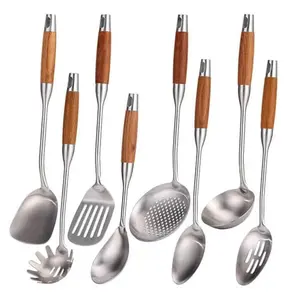 18/10 Stainless Steel Kitchen Utensils Set with Wood Handle - 15”Metal Cooking Tools & Serving Utensil, 8-Pieces Cooking Spoons Set - Spatula, Ladle, Skimmer, Turner, Pasta, Solid Spoon, Slotted Spoon